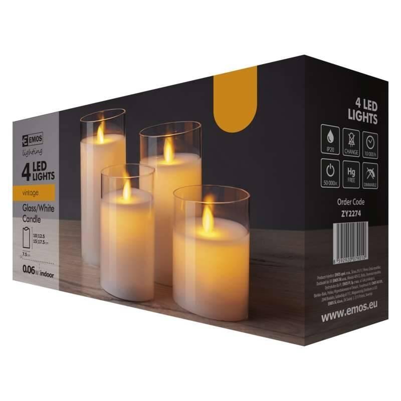 LED dekorace EMOS svíčky, 5x10 12,5 15 17,5cm, bílé, 2x AA, 4 ks