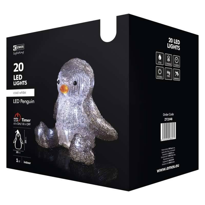 LED dekorace EMOS vánoční tučňák, 20cm, 3× AA, vnitřní, studená bílá, časovač