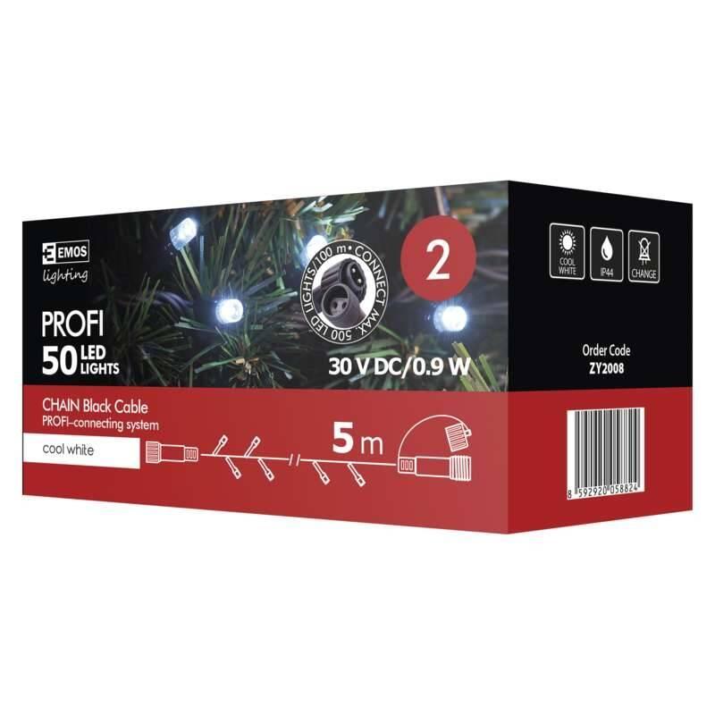 Spojovací řetěz EMOS 50 LED, Profi LED spojovací řetěz černý, 5m, studená bílá