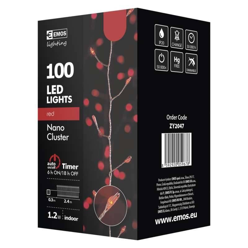 Vánoční osvětlení EMOS 100 LED, nano řetěz – ježek, 2,4m, červená, časovač