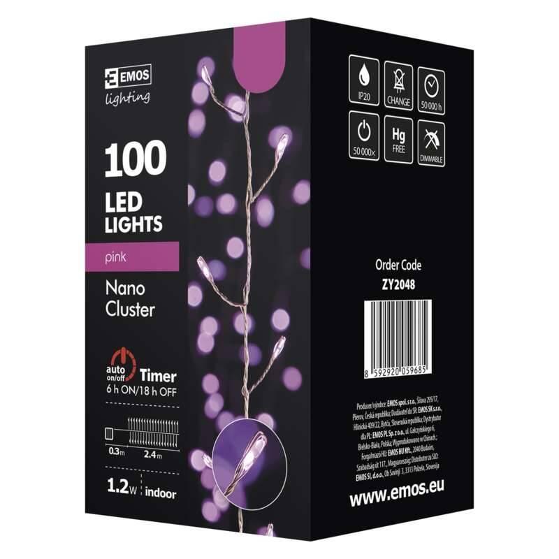 Vánoční osvětlení EMOS 100 LED, nano řetěz – ježek, 2,4m, růžová, časovač