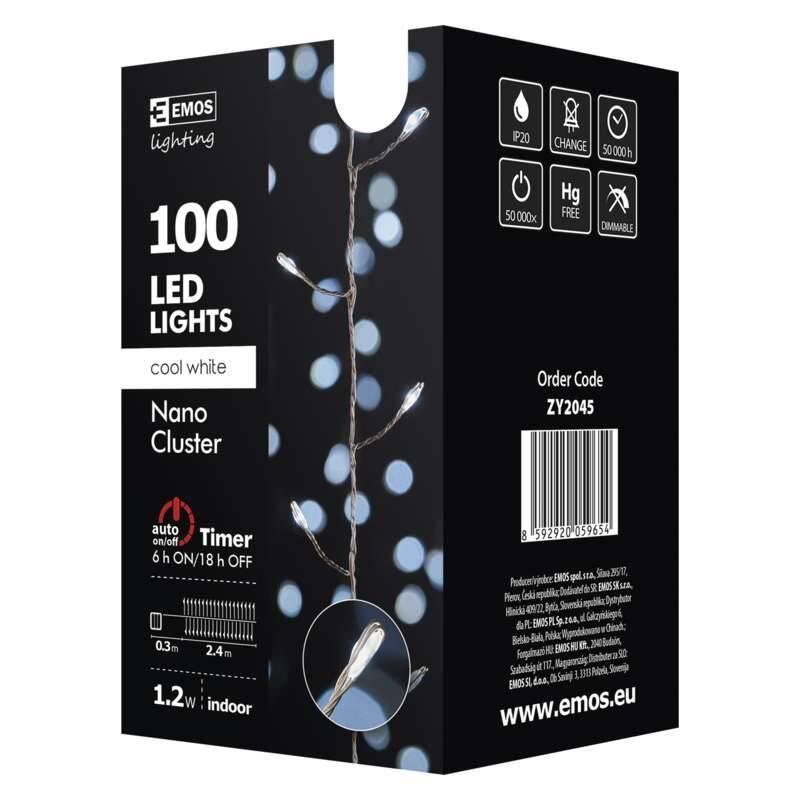 Vánoční osvětlení EMOS 100 LED, nano řetěz – ježek, 2,4m, studená bílá, časovač