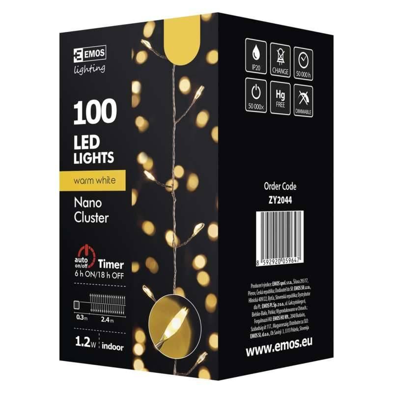 Vánoční osvětlení EMOS 100 LED, nano řetěz – ježek, 2,4m, teplá bílá, časovač