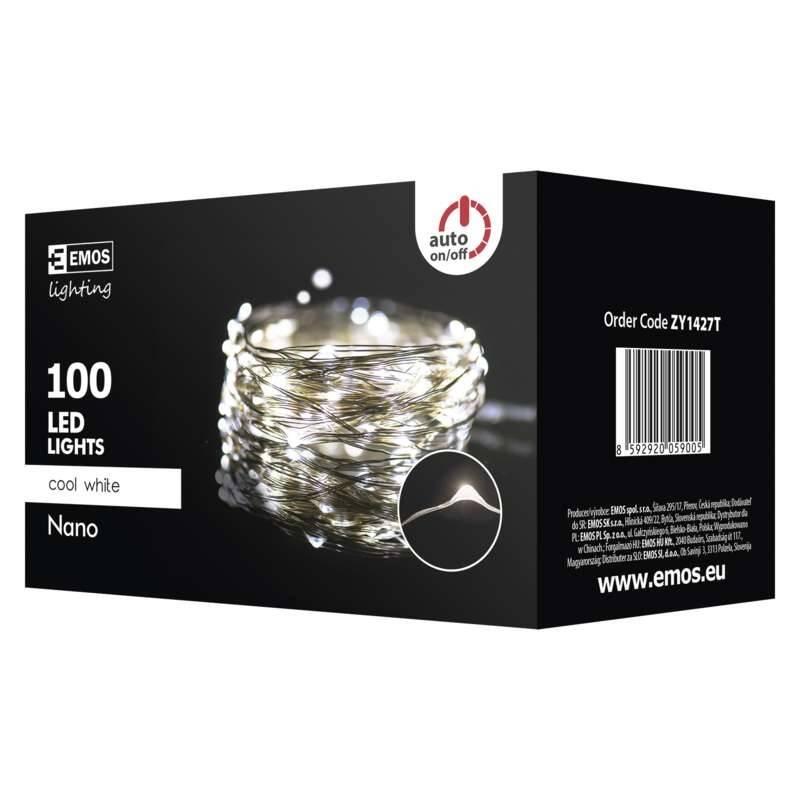 Vánoční osvětlení EMOS 100 LED, nano řetěz střbrný, 10m, venkovní, studená bílá, časovač