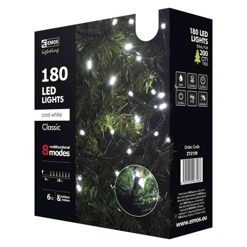 Vánoční osvětlení EMOS 180 LED, řetěz, 18m, studená bílá, programy