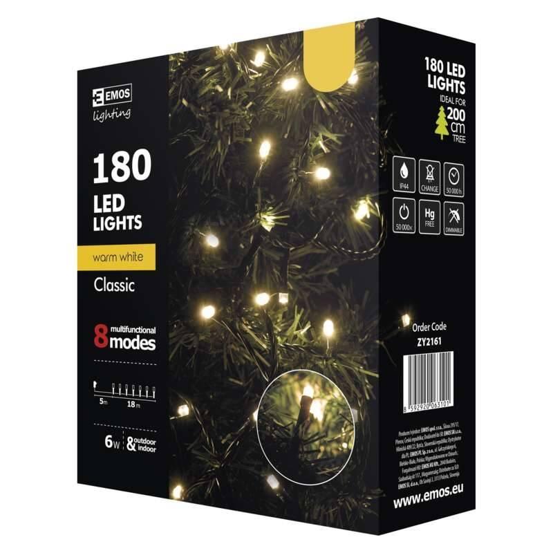 Vánoční osvětlení EMOS 180 LED, řetěz, 18m, teplá bílá, programy