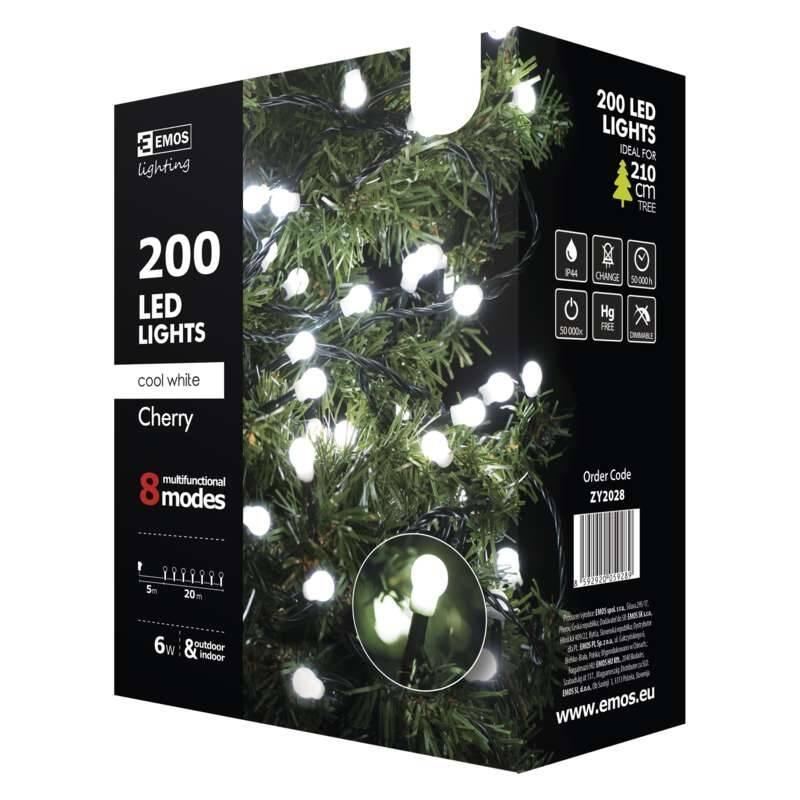 Vánoční osvětlení EMOS 200 LED, cherry řetěz – kuličky, 20m, venkovní, studená bílá, programy, Vánoční, osvětlení, EMOS, 200, LED, cherry, řetěz, –, kuličky, 20m, venkovní, studená, bílá, programy
