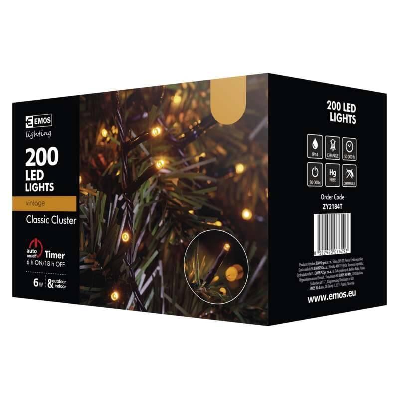 Vánoční osvětlení EMOS 200 LED, řetěz – ježek, venkovní, 4m, jantarová, časovač