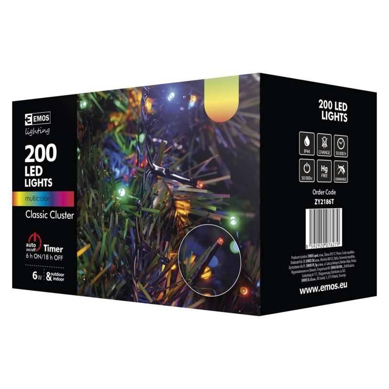 Vánoční osvětlení EMOS 200 LED, řetěz – ježek, venkovní, 4m, multicolor, časovač