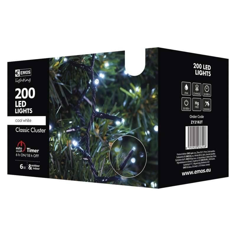 Vánoční osvětlení EMOS 200 LED, řetěz – ježek, venkovní, 4m, studená bílá, časovač, Vánoční, osvětlení, EMOS, 200, LED, řetěz, –, ježek, venkovní, 4m, studená, bílá, časovač