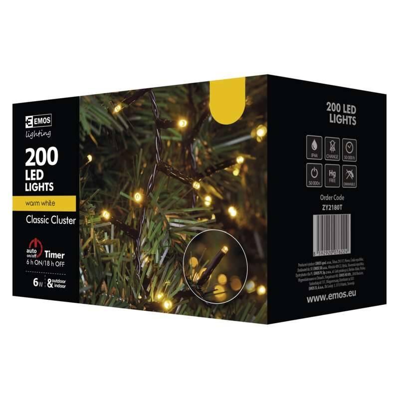 Vánoční osvětlení EMOS 200 LED, řetěz – ježek, venkovní, 4m, teplá bílá, časovač