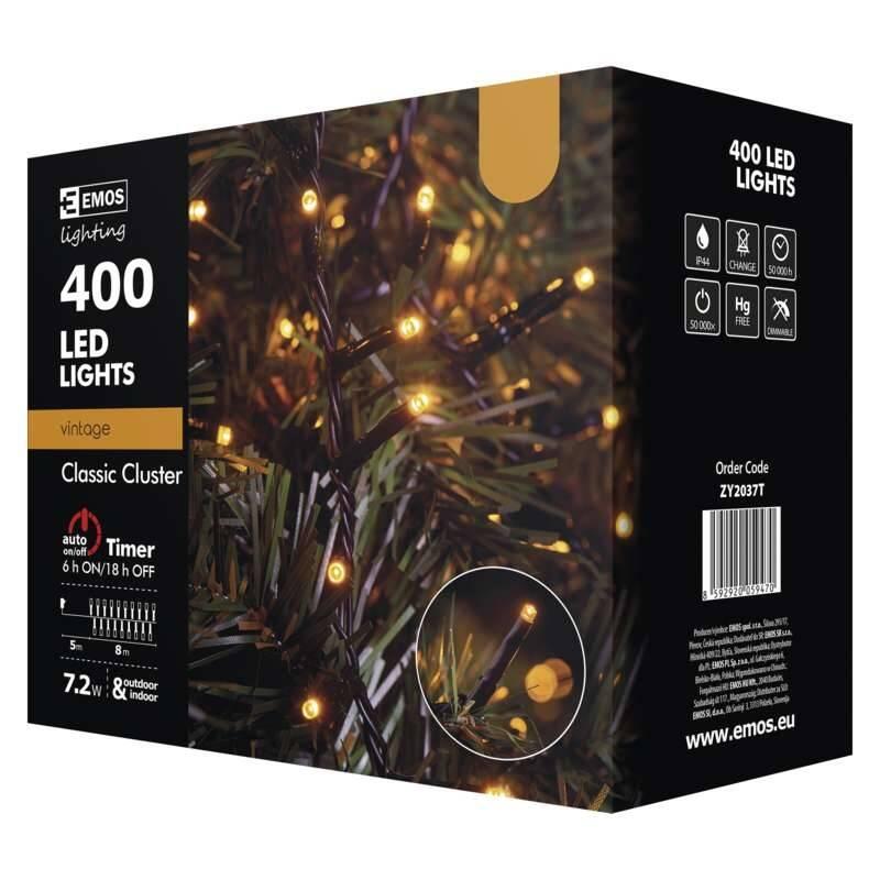 Vánoční osvětlení EMOS 400 LED, řetěz – ježek, 8m, jantarová, časovač