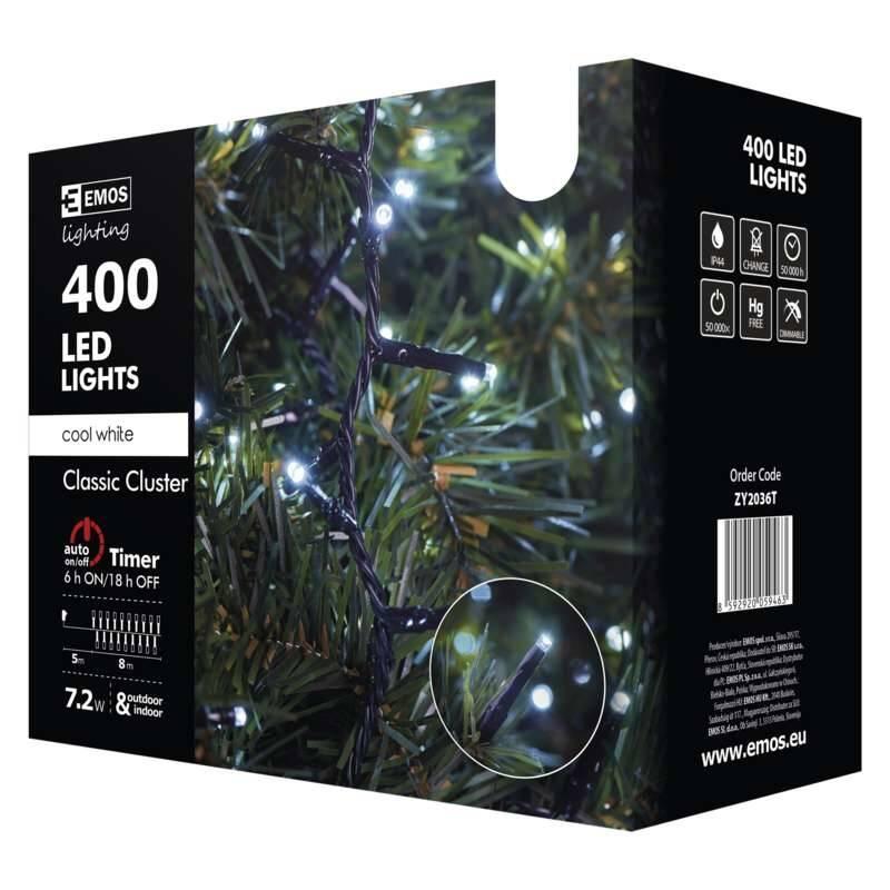 Vánoční osvětlení EMOS 400 LED, řetěz – ježek, 8m, studená bílá, časovač