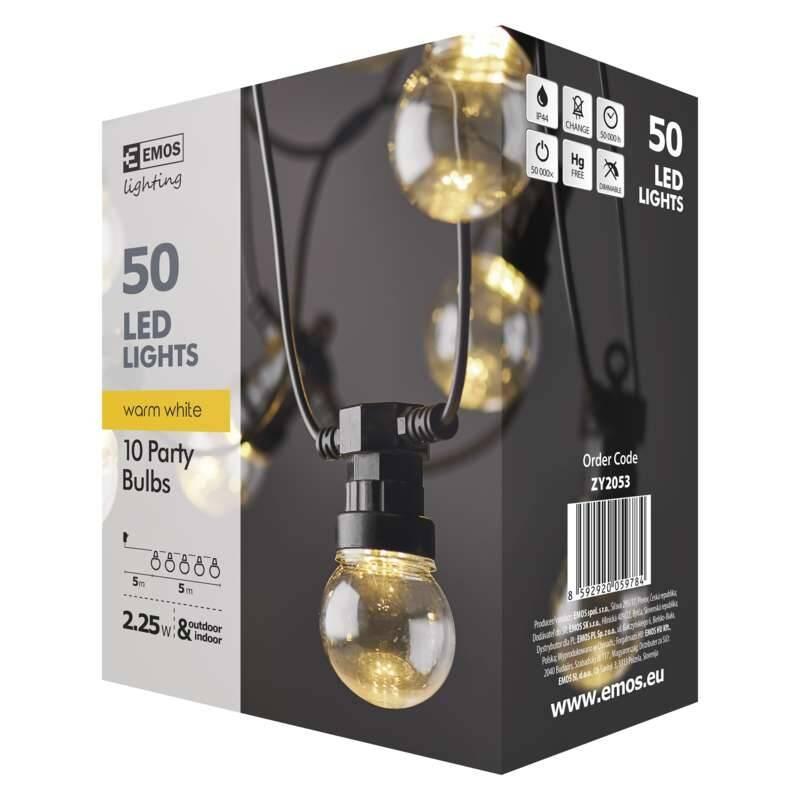 Vánoční osvětlení EMOS 50 LED, 10x párty žárovky čiré, 5m, teplá bílá