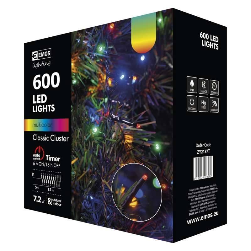 Vánoční osvětlení EMOS 600 LED, řetěz – ježek, 12m, venkovní, multicolor, časovač