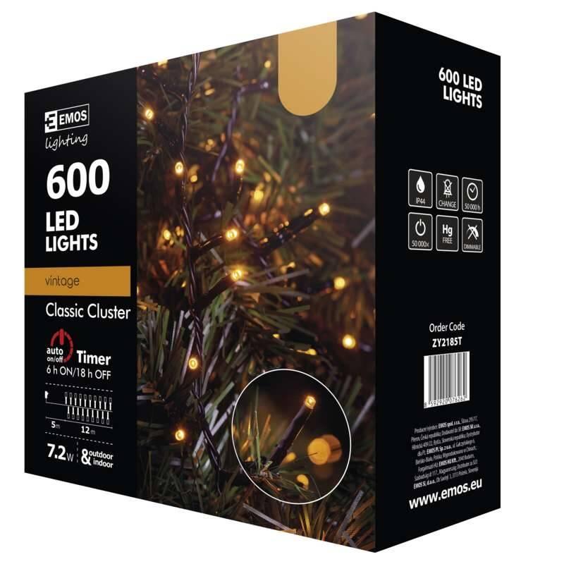Vánoční osvětlení EMOS 600 LED, řetěz – ježek, venkovní, 12m, jantarová, časovač