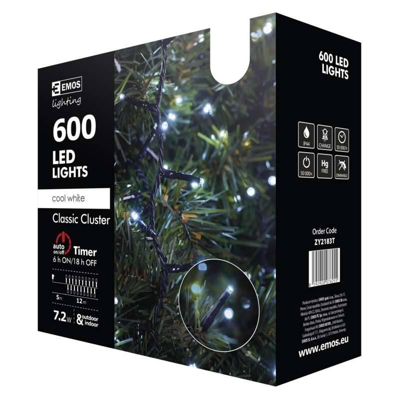 Vánoční osvětlení EMOS 600 LED, řetěz – ježek, venkovní, 12m, studená bílá, časovač, Vánoční, osvětlení, EMOS, 600, LED, řetěz, –, ježek, venkovní, 12m, studená, bílá, časovač