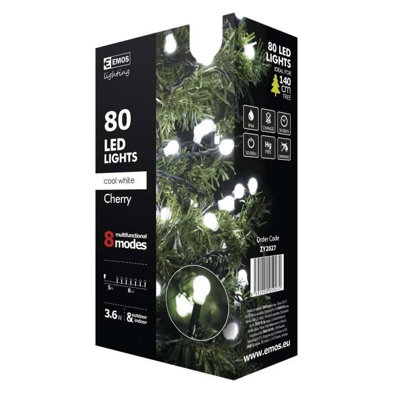 Vánoční osvětlení EMOS 80 LED, cherry řetěz – kuličky, 8m, venkovní, studená bílá, programy