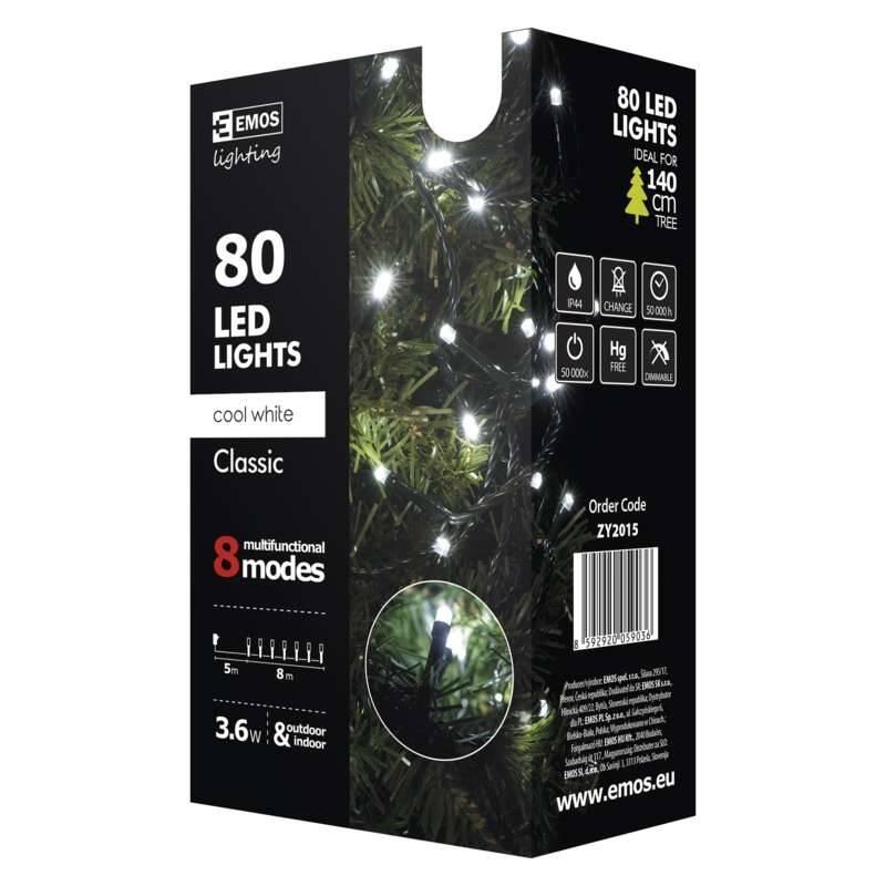 Vánoční osvětlení EMOS 80 LED, řetěz, 8m, studená bílá, programy