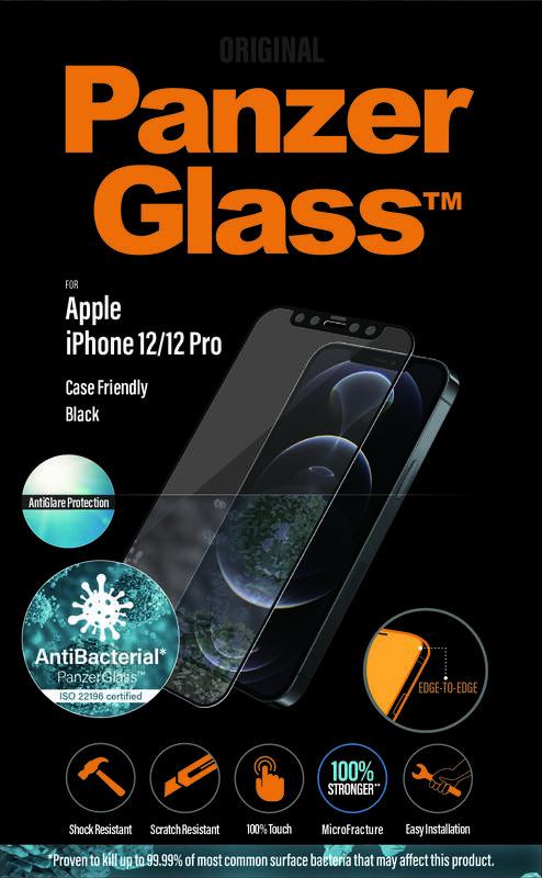 Tvrzené sklo PanzerGlass Edge-to-Edge Antibacterial s Anti-Glare vrstvou na Apple iPhone 12 12 Pro černé