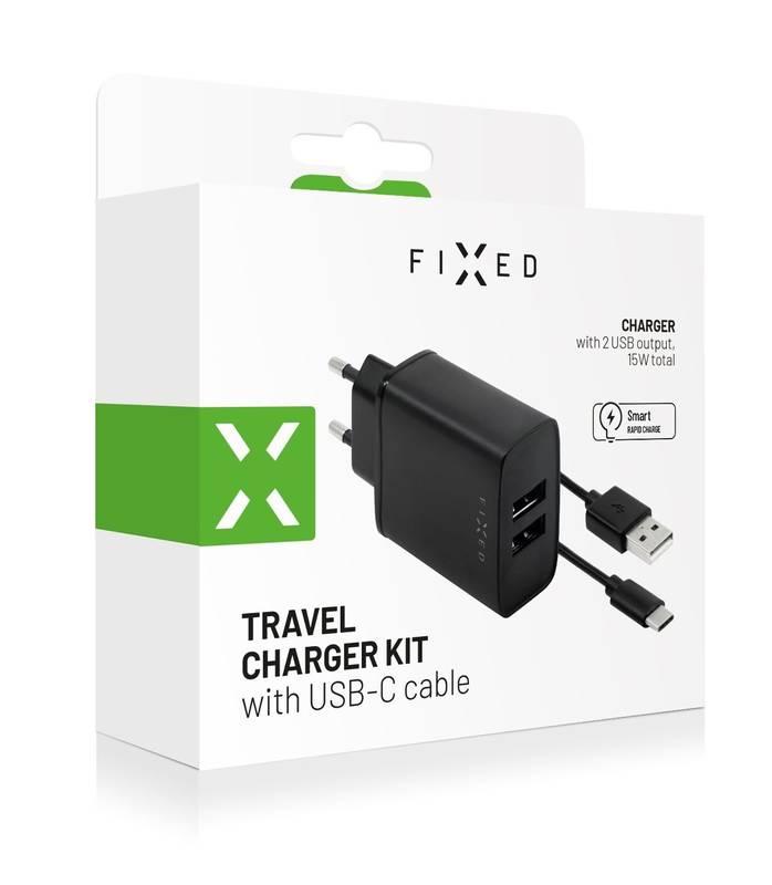 Nabíječka do sítě FIXED 2xUSB, 15W Smart Rapid Charge USB-C kabel 1m černá
