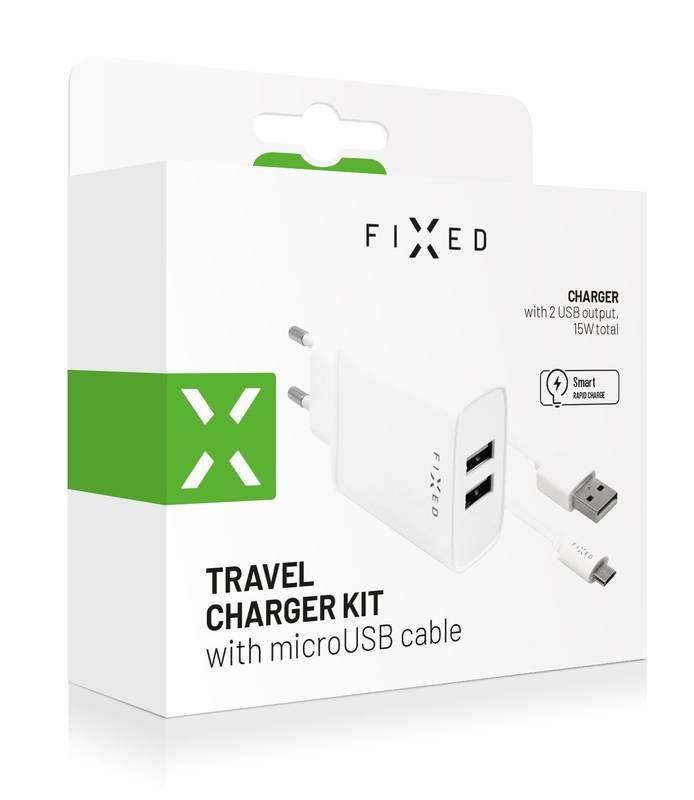 Nabíječka do sítě FIXED 2xUSB, 15W Smart Rapid Charge Micro USB kabel 1m bílá