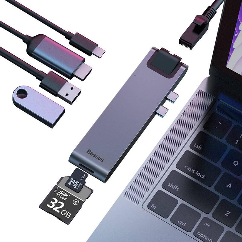 USB Hub Baseus USB-C 2x USB 3.0, USB-C PD, HDMI, RJ45, SD, Micro SD, pro MacBook Pro šedý, USB, Hub, Baseus, USB-C, 2x, USB, 3.0, USB-C, PD, HDMI, RJ45, SD, Micro, SD, pro, MacBook, Pro, šedý