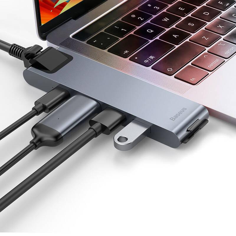 USB Hub Baseus USB-C 2x USB 3.0, USB-C PD, HDMI, RJ45, SD, Micro SD, pro MacBook Pro šedý