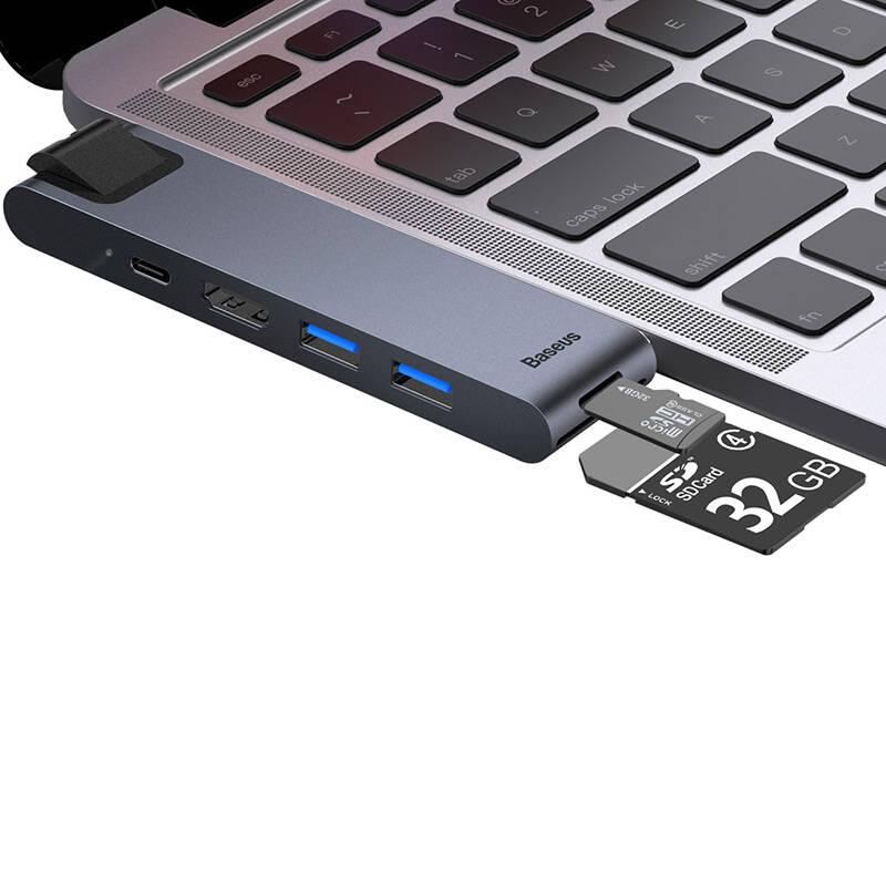 USB Hub Baseus USB-C 2x USB 3.0, USB-C PD, HDMI, RJ45, SD, Micro SD, pro MacBook Pro šedý, USB, Hub, Baseus, USB-C, 2x, USB, 3.0, USB-C, PD, HDMI, RJ45, SD, Micro, SD, pro, MacBook, Pro, šedý