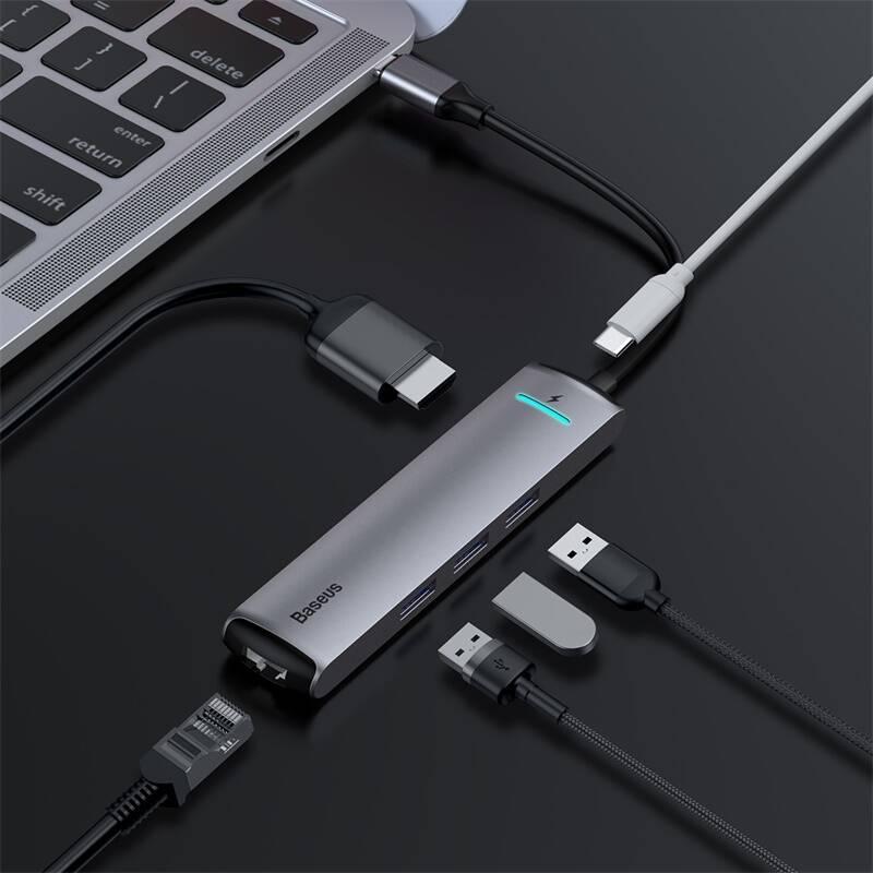 USB Hub Baseus USB-C 3x USB 3.0, HDMI, RJ45, USB-C PD šedý, USB, Hub, Baseus, USB-C, 3x, USB, 3.0, HDMI, RJ45, USB-C, PD, šedý