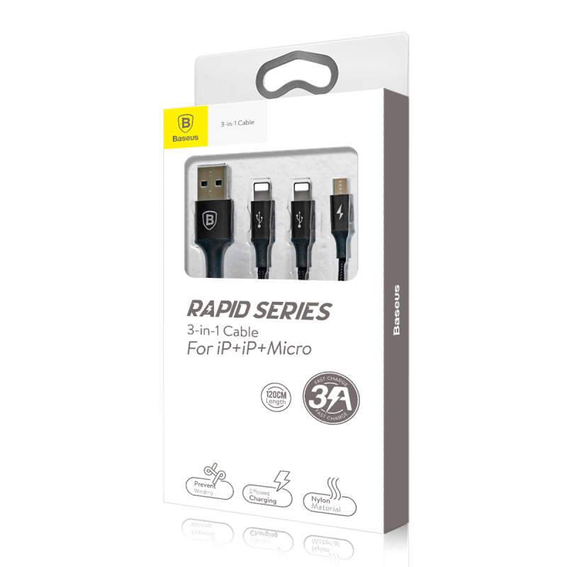 Kabel Baseus Rapid Series USB Micro USB, 2x Lightning, 1,2m černý