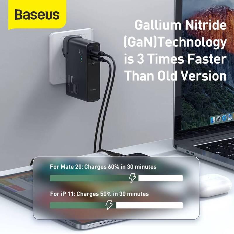 Nabíječka do sítě Baseus Power Station GaN 2v1 QC USB, USB-C a powerbanka 10000mAh 45W USB-C kabel 1m černá