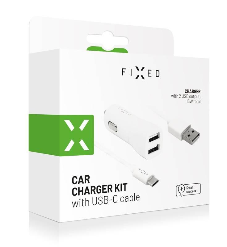 Adaptér do auta FIXED 2xUSB, 15W Smart Rapid Charge USB-C kabel 1m bílý