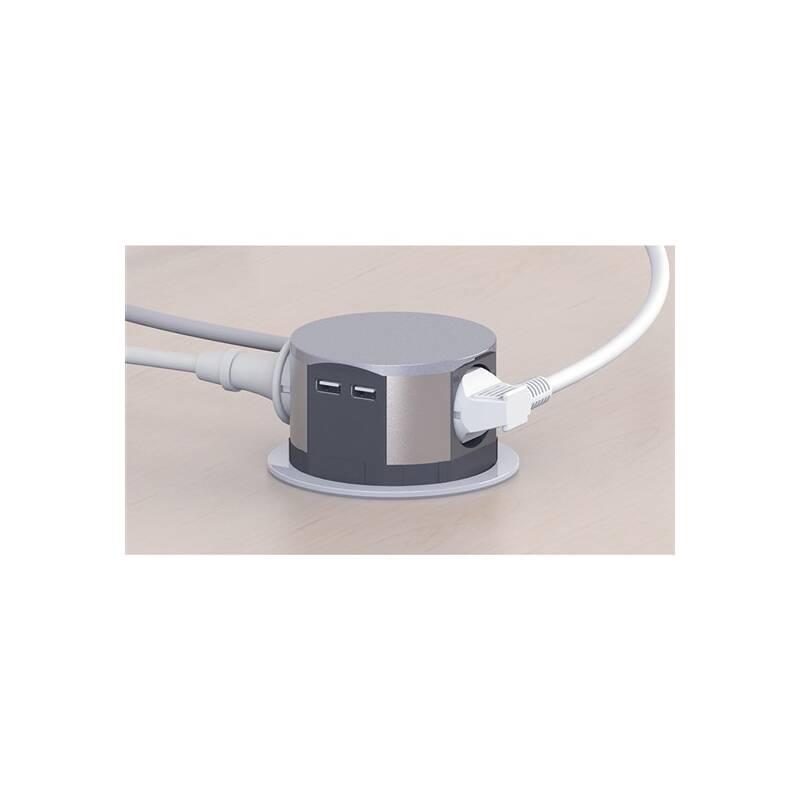Kabel prodlužovací Solight výsuvný blok, 3x zásuvka, 2x, USB, 1,5m stříbrný