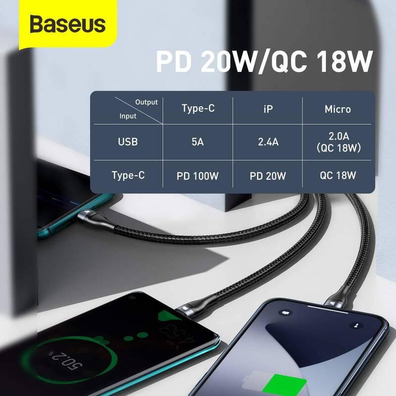 Kabel Baseus Flash Series 3v2, USB USB-C na MicroUSB Lightning USB-C 100W, 1,2m černý