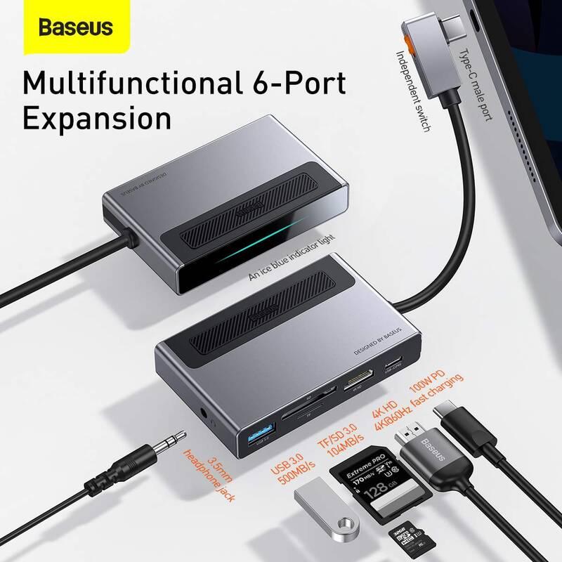 USB Hub Baseus Magic USB-C 4K HDMI, USB 3.0, SD TF, 3.5mm Audio, USB-C PD, 100W šedý