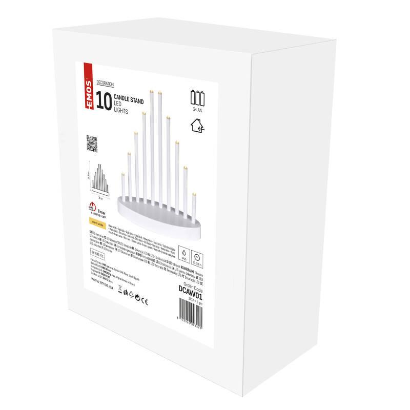 LED dekorace EMOS 10 LED svícen bílý, 24,5 cm, 3x AA, vnitřní, teplá bílá, časovač