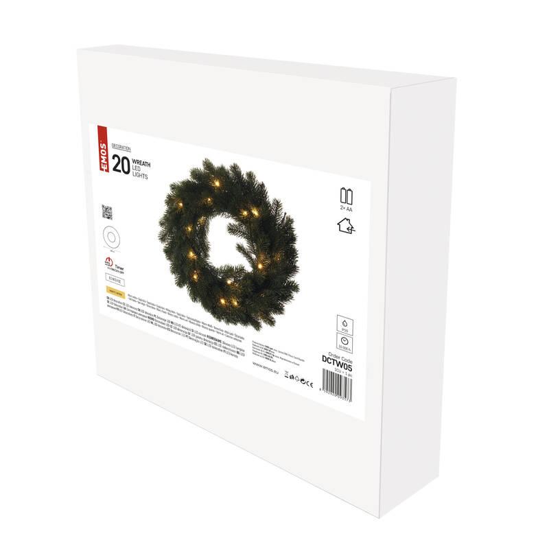 LED dekorace EMOS 20 LED vánoční věnec, 40 cm, 2x AA, vnitřní, teplá bílá, časovač