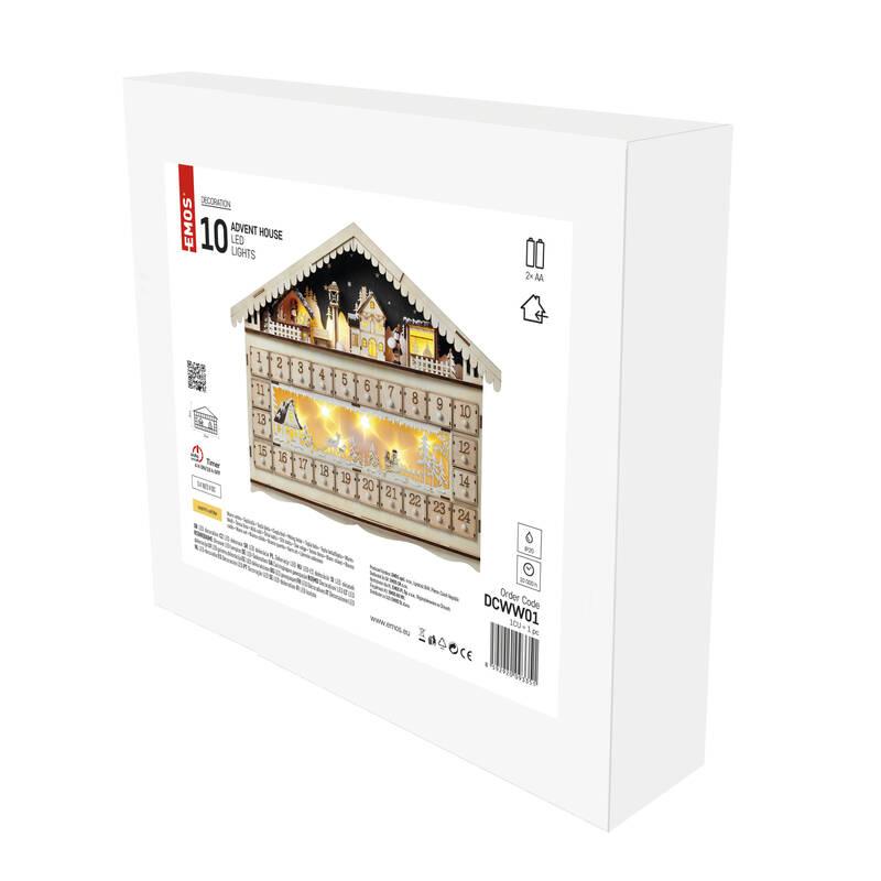 LED dekorace EMOS adventní kalendář dřevěný, 40x50 cm, 2x AA, vnitřní, teplá bílá, časovač