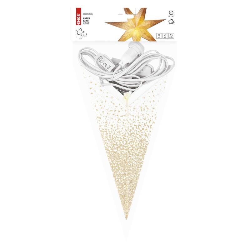 LED dekorace EMOS vánoční hvězda papírová závěsná se zlatými třpytkami na okrajích, bílá, 60 cm, vnitřní