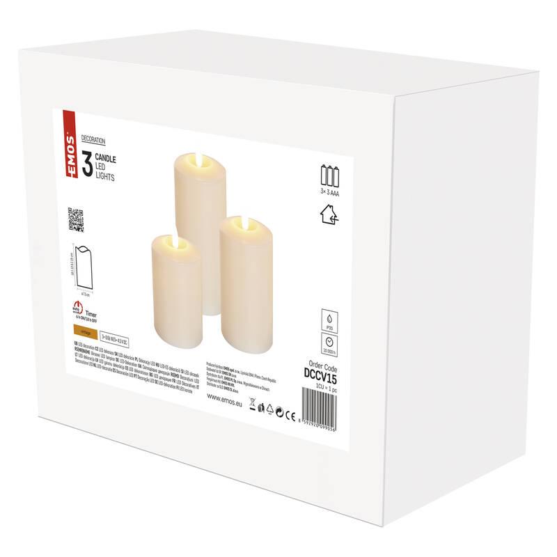 LED dekorace EMOS vosková svíčka s plamínkem, různé velikosti, 3x AAA, vintage, 3 ks, časovač