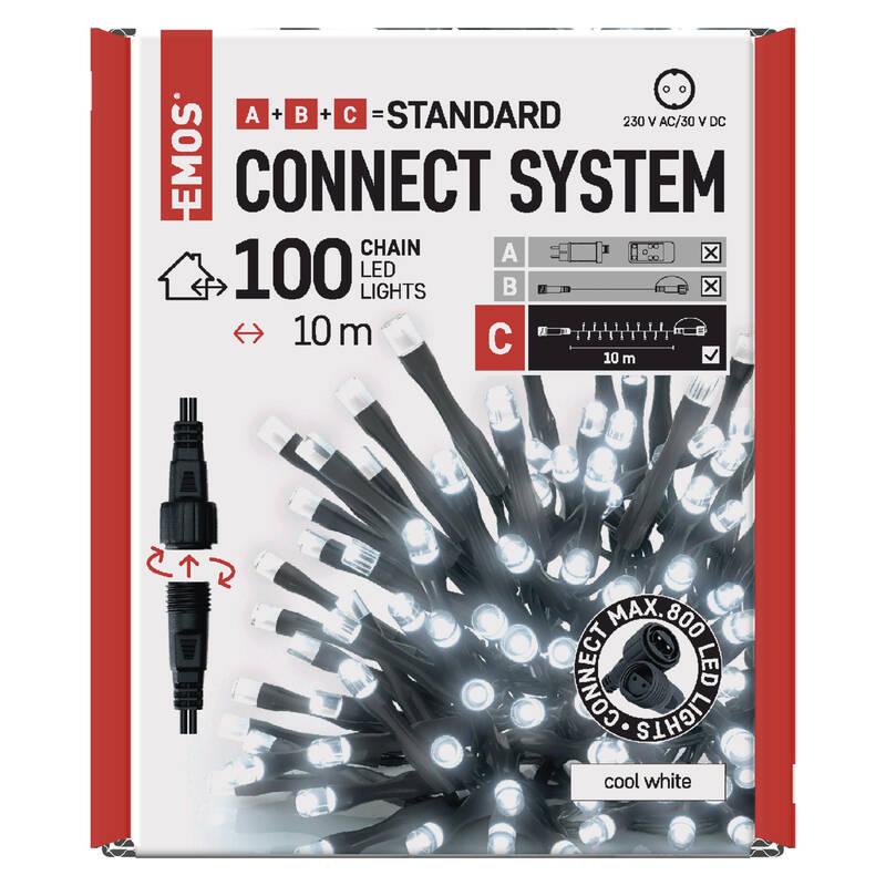 Spojovací řetěz EMOS 100 LED Standard, 10 m, venkovní i vnitřní, studená bílá, časovač