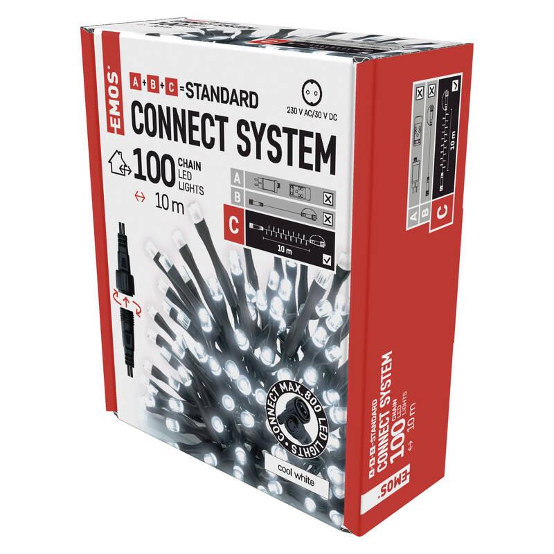 Spojovací řetěz EMOS 100 LED Standard, 10 m, venkovní i vnitřní, studená bílá, časovač