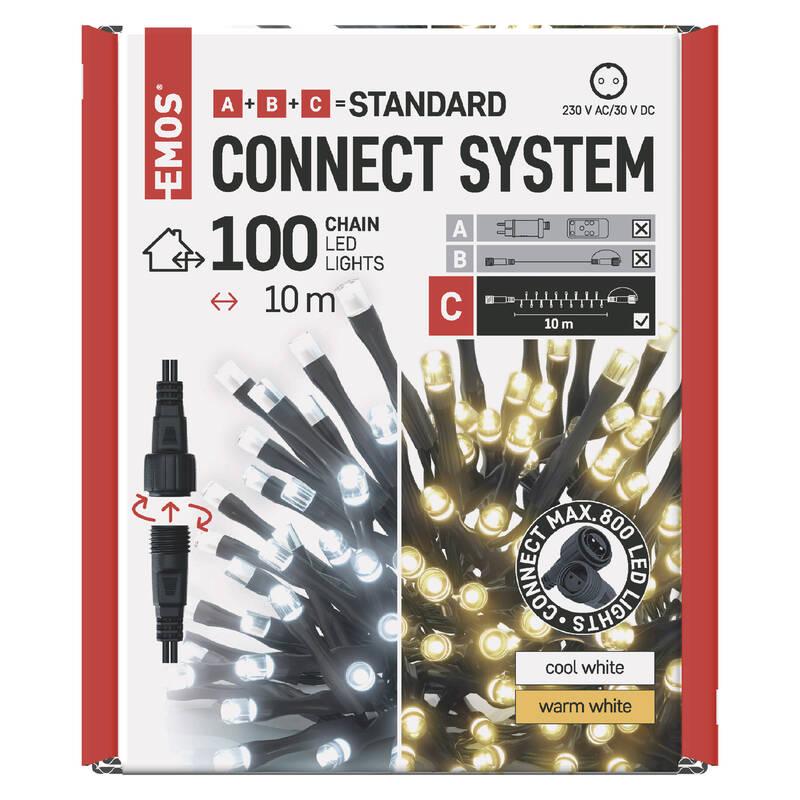 Spojovací řetěz EMOS 100 LED Standard, 10 m, venkovní, teplá studená bílá, časovač