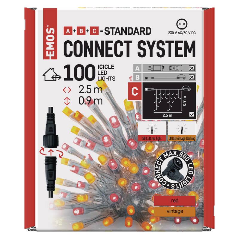 Spojovací řetěz EMOS 100 LED Standard pulzující - rampouchy, 2,5 m, venkovní, červená vintage