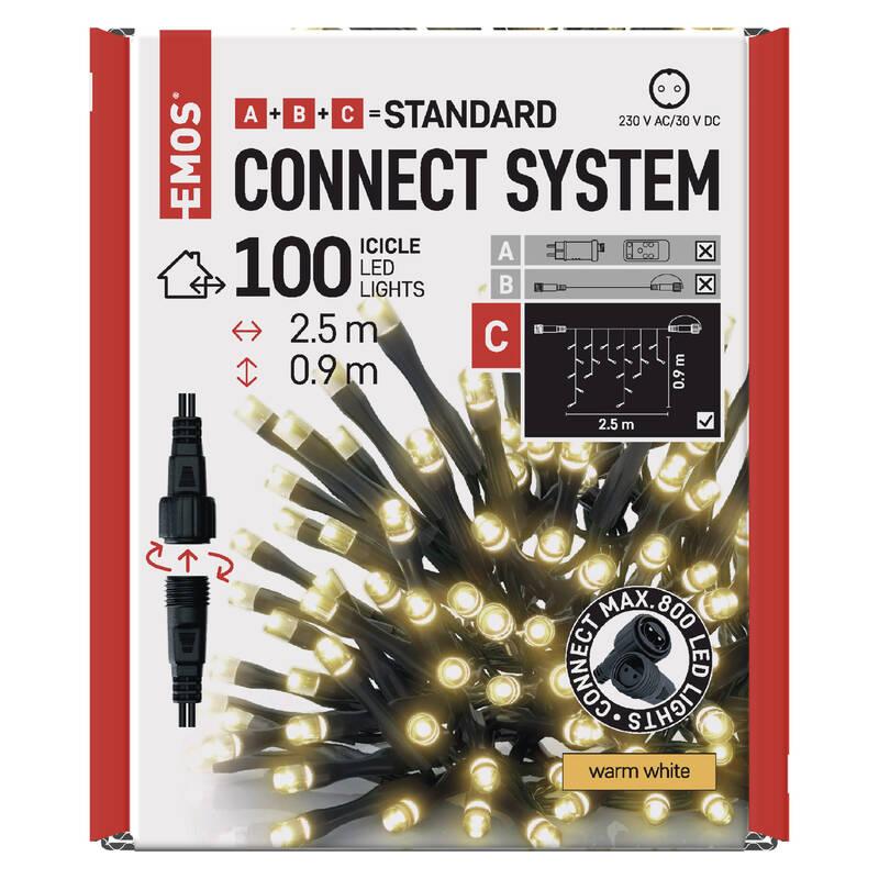 Spojovací řetěz EMOS 100 LED Standard - rampouchy, 2,5 m, venkovní, teplá bílá, časovač
