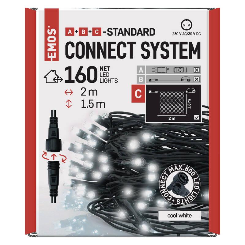 Spojovací řetěz EMOS 160 LED Standard - síť, 1,5x2 m, venkovní, studená bílá, časovač