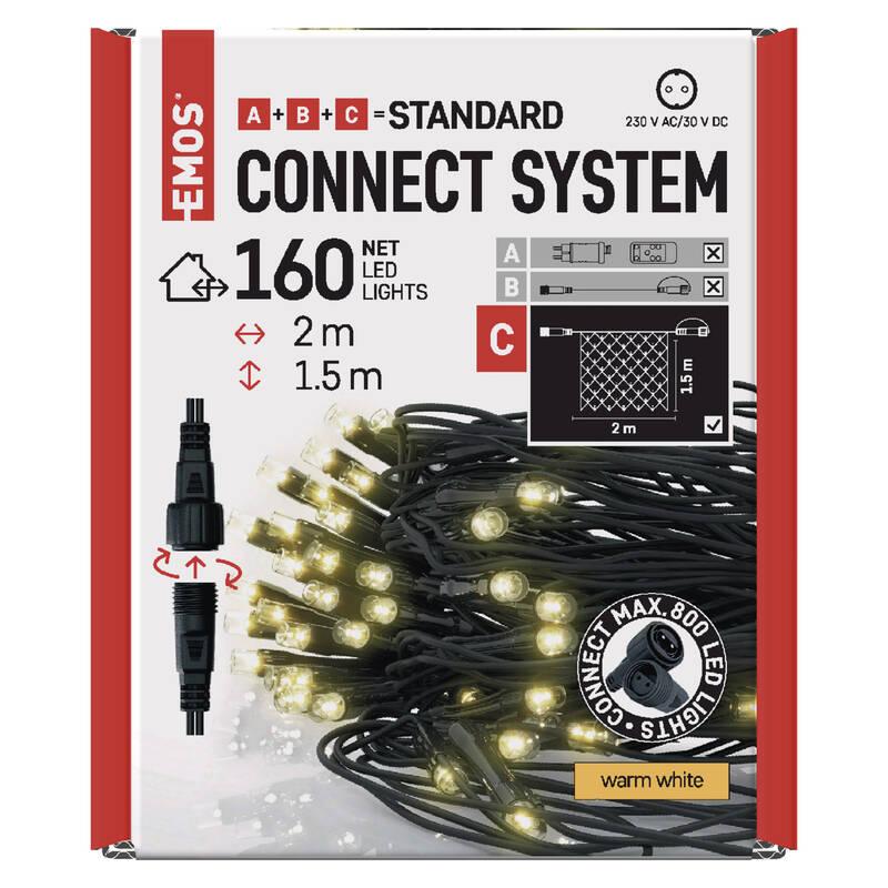 Spojovací řetěz EMOS 160 LED Standard - síť, 1,5x2 m, venkovní, teplá bílá, časovač