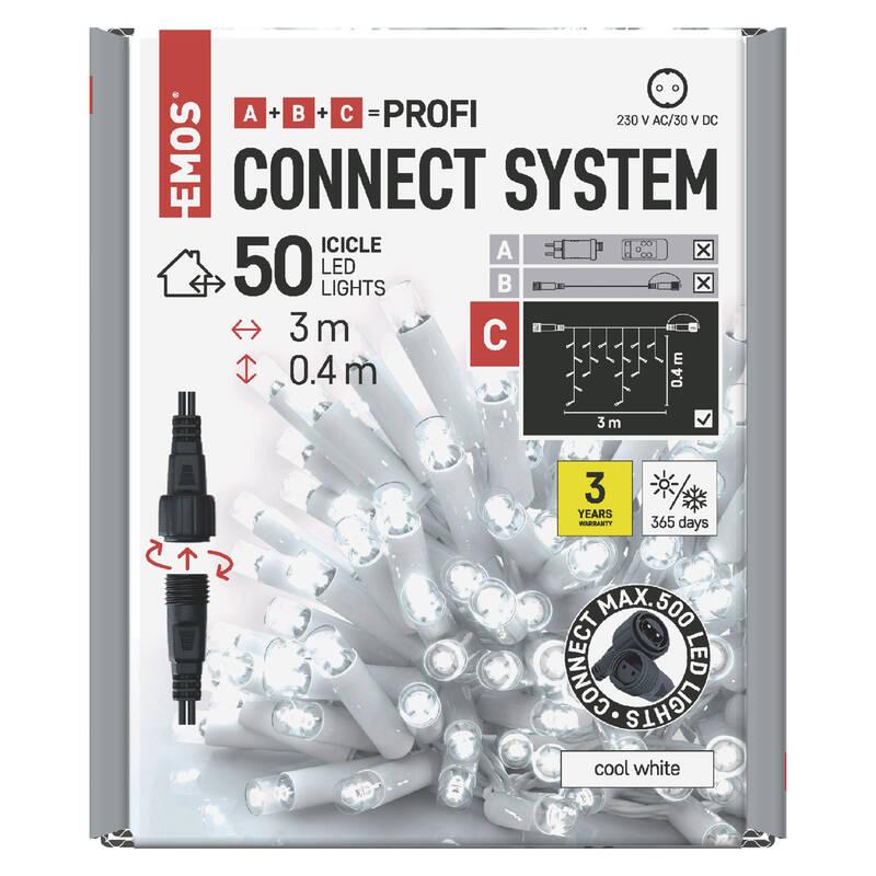 Spojovací řetěz EMOS 50 LED Profi bílý - rampouchy, 3 m, venkovní, studená bílá, časovač