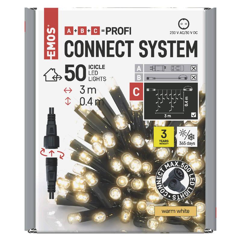 Spojovací řetěz EMOS 50 LED Profi černý - rampouchy, 3 m, venkovní, teplá bílá, časovač